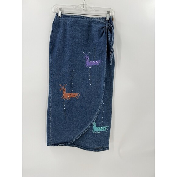 VINTAGE Denim Wrap Skirt Hand Painted by Nina Renee Constellations Stylized Deer - Picture 5 of 11